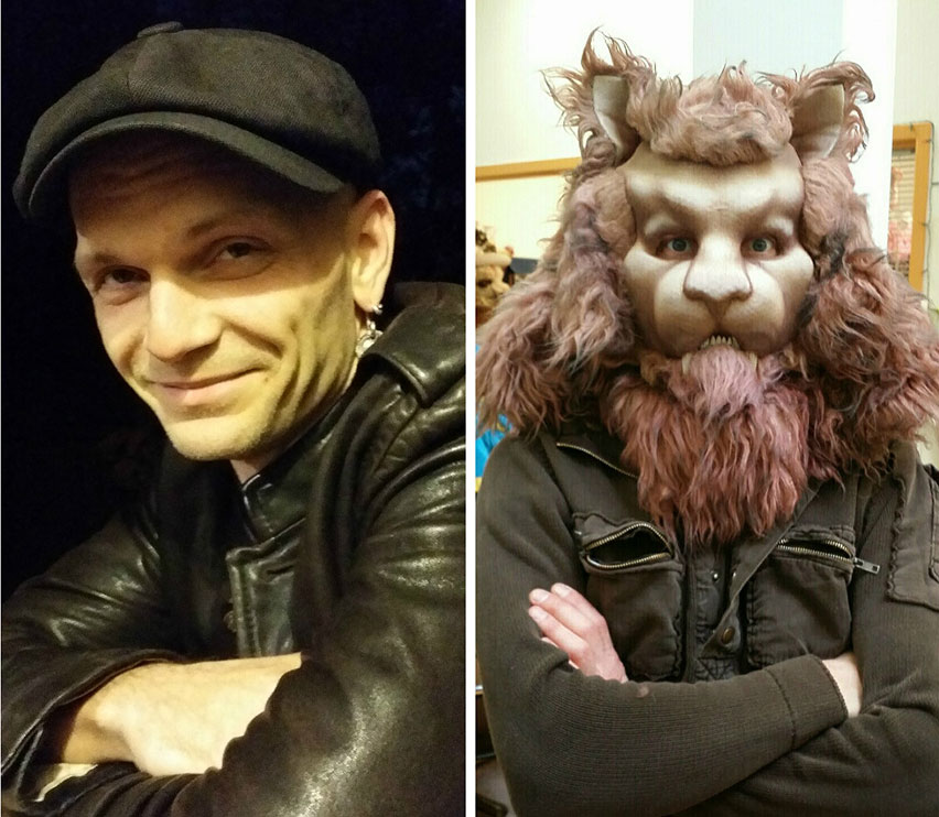 Svi Roussanoff unmasked (left) and wearing one of his own creations (right)