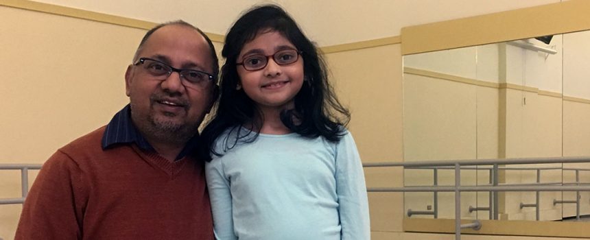 Aditi Kumar with her father at a Pittsburgh Ballet Theatre Adaptive Dance class.