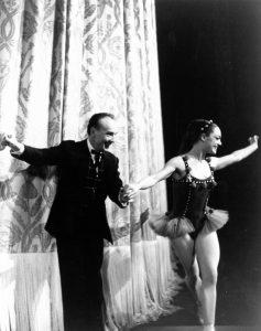 Patricia Wilde with George Balanchine at curtain call for Native Dancers