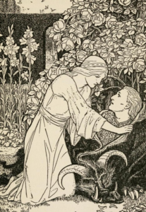 In a black and white illustration, Beauty pulls back the Beast's fur to reveal a handsome prince.